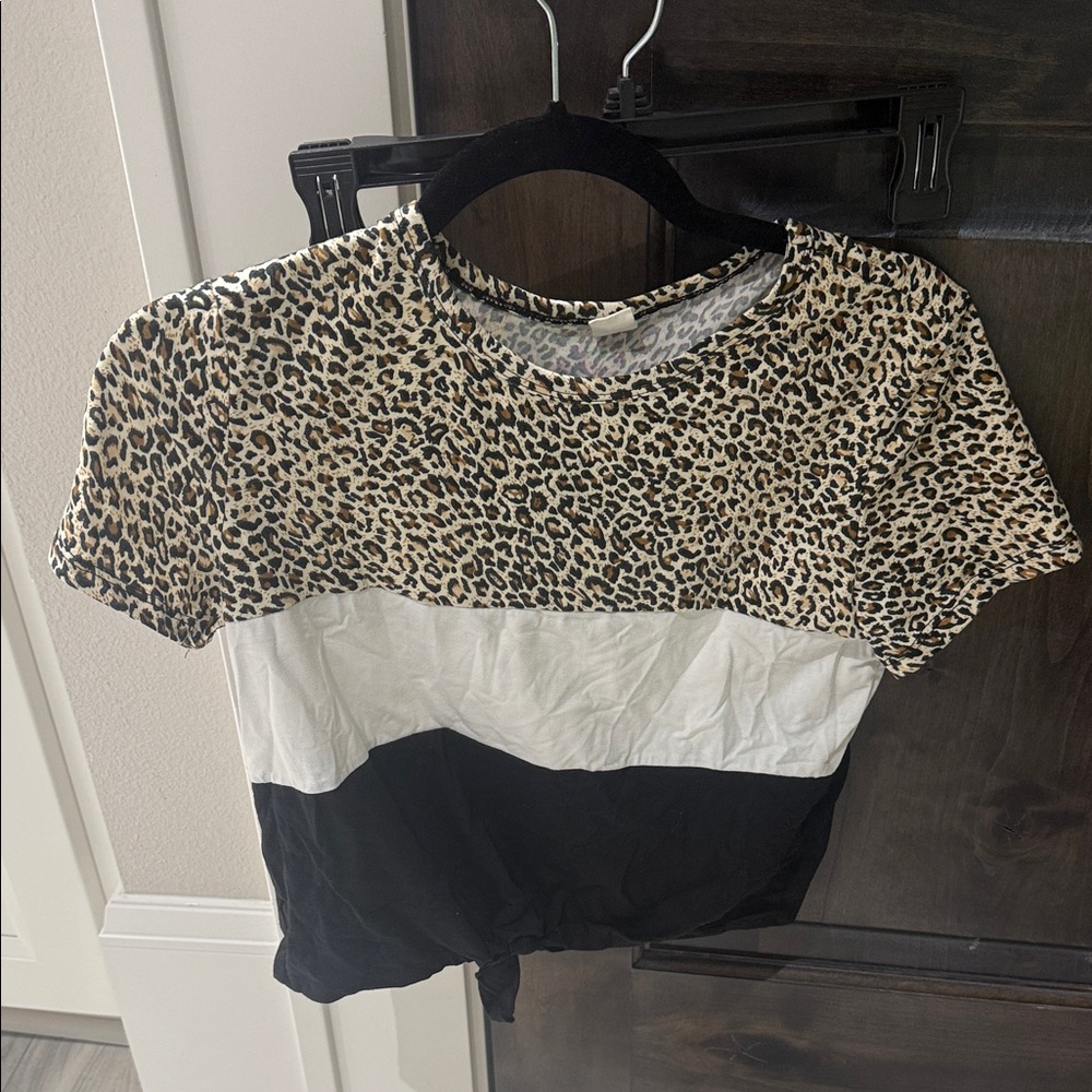 Leopard Print and Black Colorblock Women's/Girls/Teens Top(Ships from OR)
